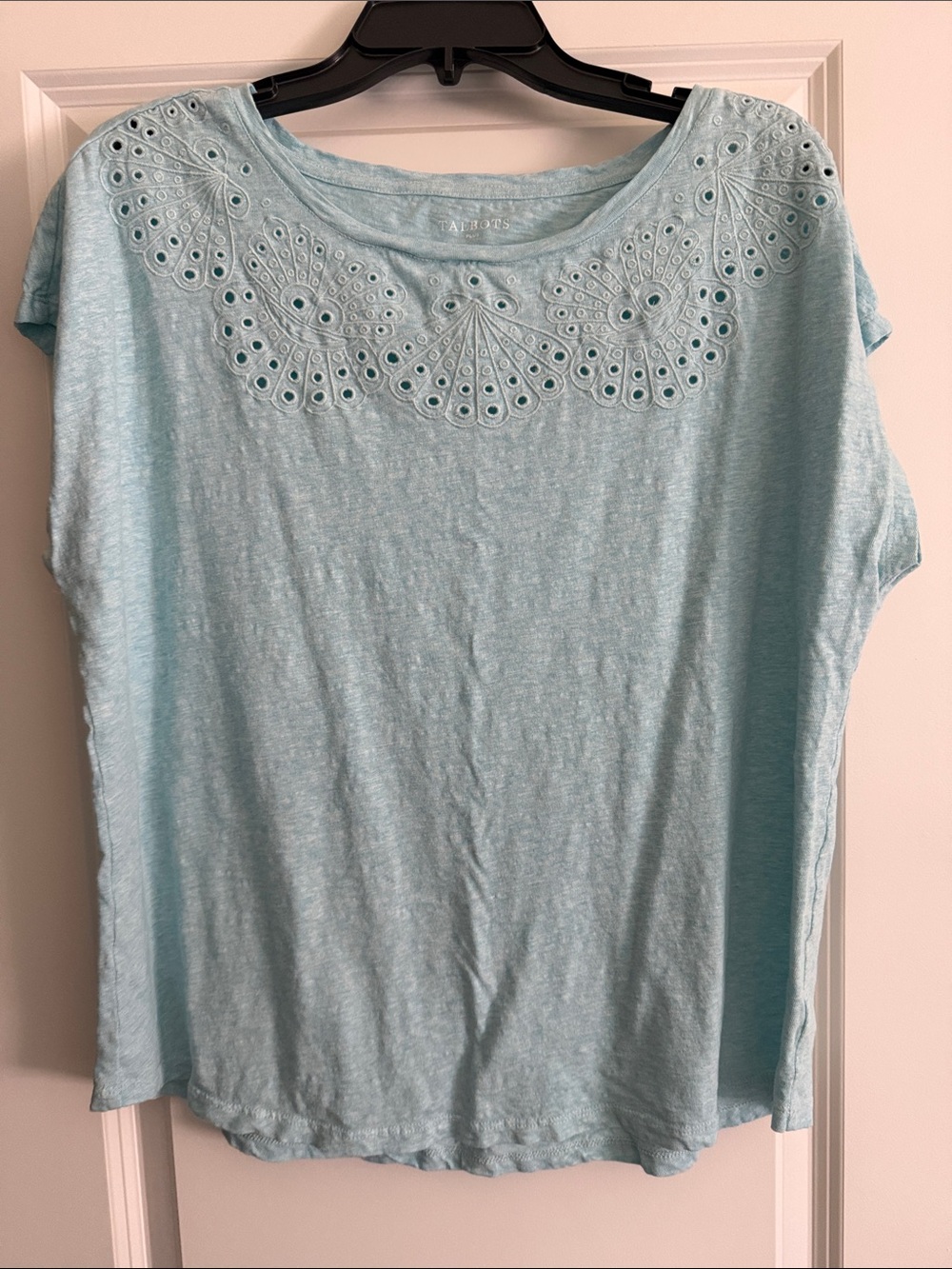 Talbots Light Aqua Eyelet Scoop Neck Short Sleeve Top